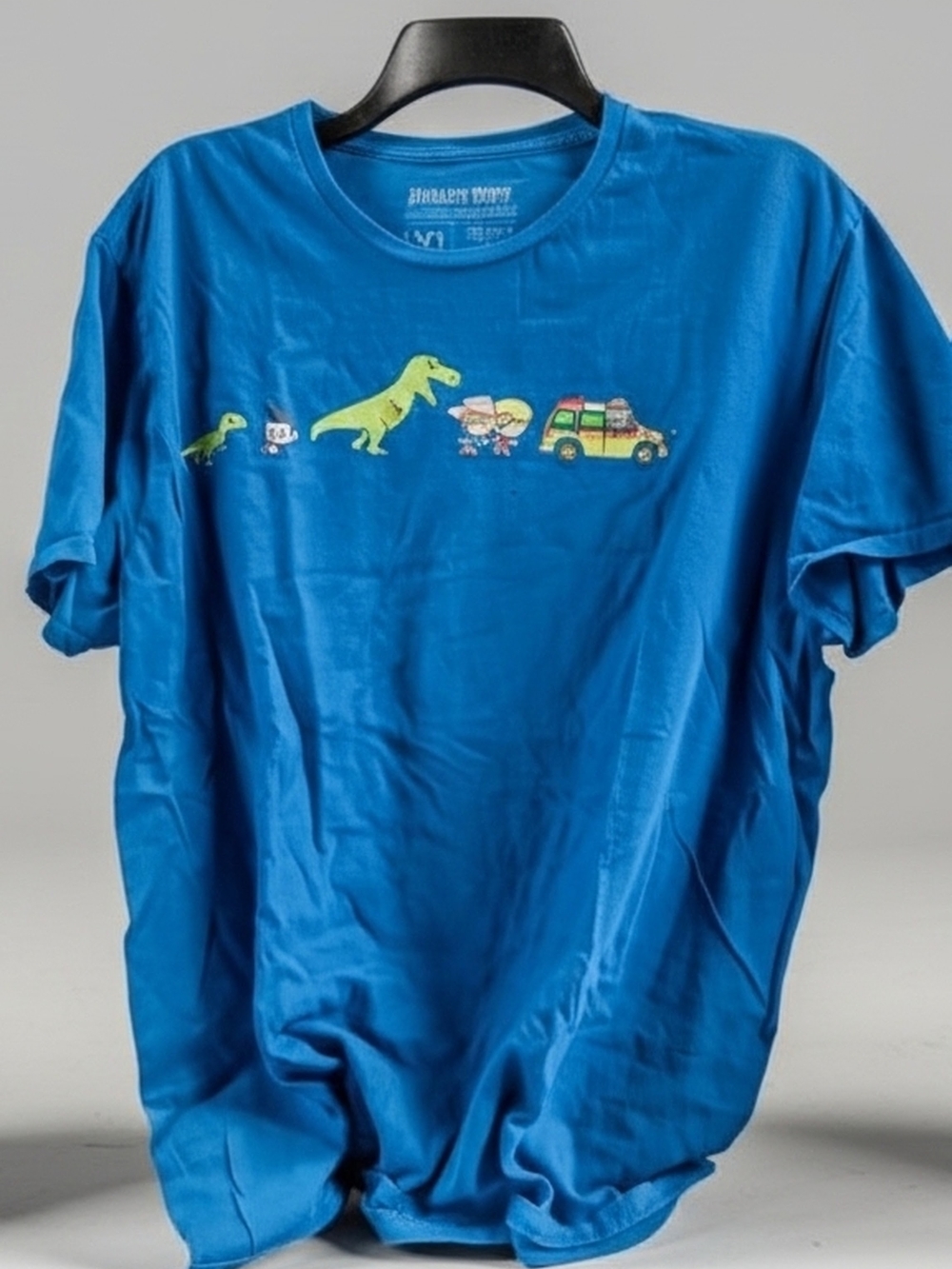 Blue Graphic T-Shirt with Dino and Car Design
